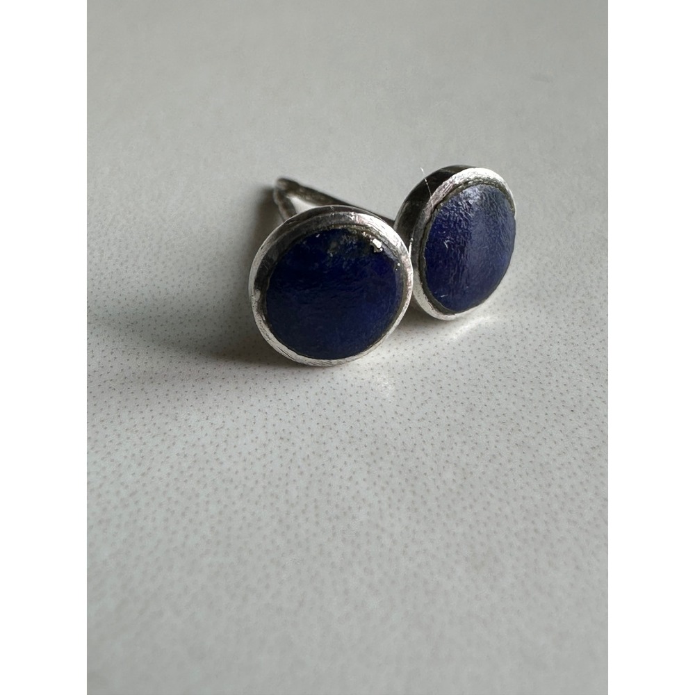 Sterling Silver Lapis Lazuli Round Stud Earrings Blue Stone Minimalist Bezel